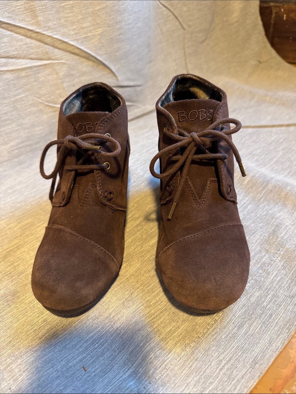 Skechers BOBS Dark Brown Suede Wedge Ankle Booties
